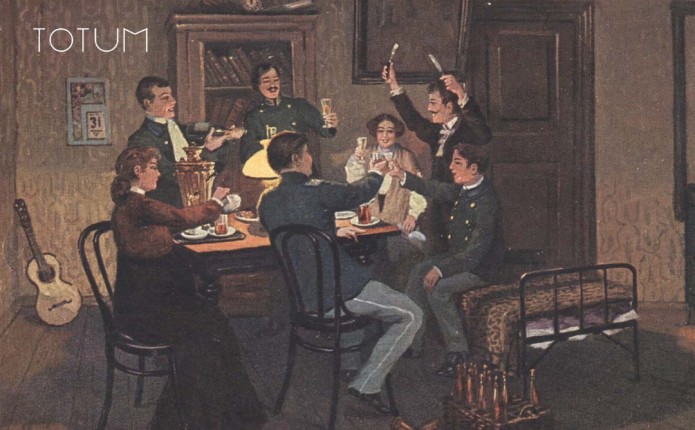 Александр Лавров -Встреча Нового года у&nbsp;студентов в&nbsp;меблирашках, 1900