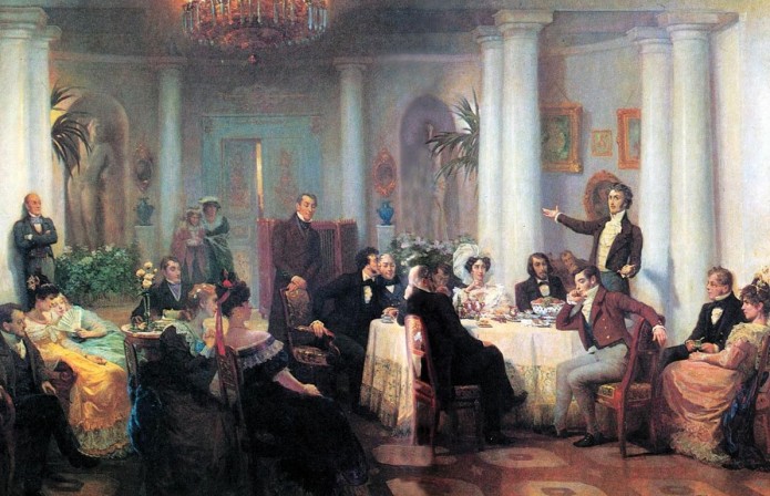 Григорий Мясоедов - Пушкин и его друзья слушают Мицкевича в салоне княгини Зинаиды Волконской